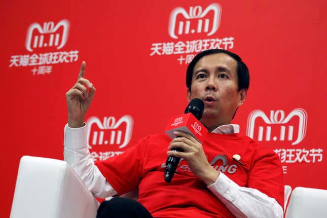 FILE - Daniel Zhang, CEO of Alibaba Group, speaks to journalists during Alibaba's 11.11 Global Shopping Festival, also known as Singles Day, in Shanghai, China, Nov. 11, 2018. The former CEO of Alibaba, Daniel Zhang, resigned as head of its cloud computing unit Monday, Sept. 11, 2023, in a surprise move as the Chinese e-commerce empire wraps up a leadership reshuffle. (AP Photo/Ng Han Guan, File)