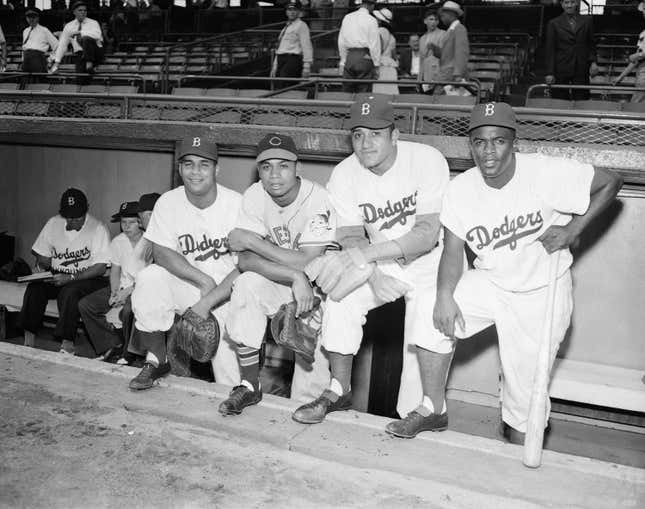  From left, in a July 12, 1949, file photo, Roy Campanella, Larry Doby, Don Newcombe and Jackie Robinson pose at the 16th annual All-Star Game at Ebbetts Field in Brooklyn, New York.