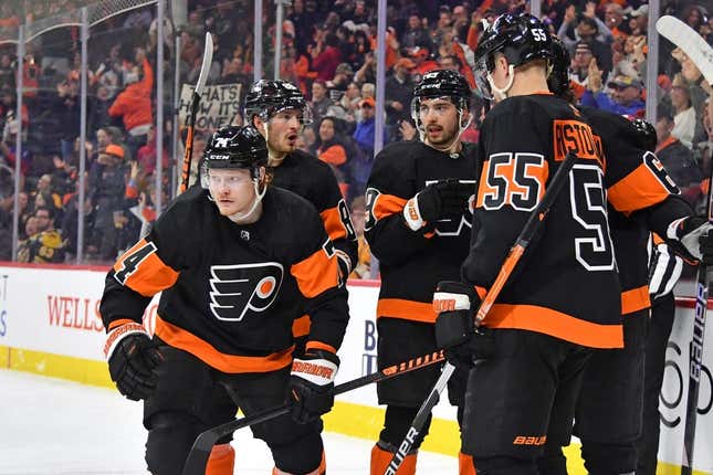 Apr 9, 2023; Philadelphia, Pennsylvania, USA; Philadelphia Flyers right wing Owen Tippett (74) heads back to the bench after scoring a goal against the Boston Bruins during the third period at Wells Fargo Center.