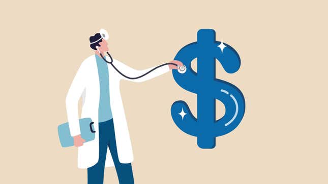 A doctor holds a stehoscope up to a giant dollar sign.