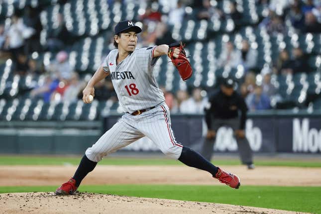 Sep 14, 2023; Chicago, Illinois, USA; Minnesota Twins starting pitcher Kenta Maeda (18) delivers a pitch against the Chicago White Sox during the first inning at Guaranteed Rate Field.