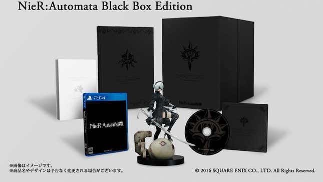 Promotional art for Nier: Automata's Collector's Edition shows a figure of the protagonist and elegant packaging.