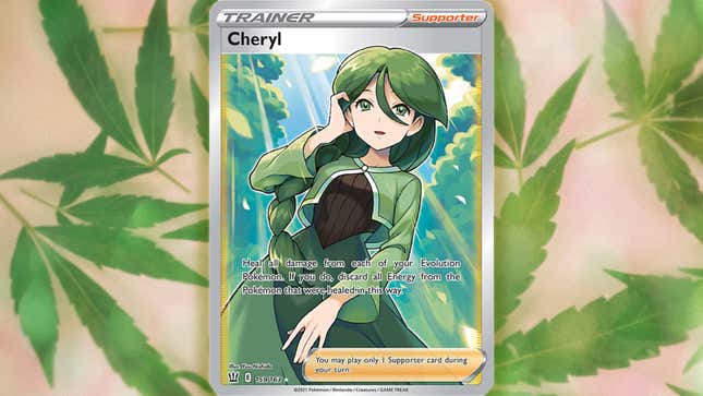 A woman with long green hair and green eyes wearing a green dress with green trees behind is depicted on a Pokémon card against a pot leaf background.