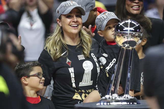 Sep 18, 2022; Uncasville, Connecticut, USA; Las Vegas Aces head coach Becky Hammon celebrates after winning the WNBA Championship in game four of the 2022 WNBA Finals against the Connecticut Sun at Mohegan Sun Arena.