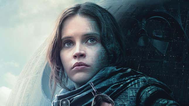 Jyn Erso stands in front of the Death Star and Darth Vader in an illustration for Rogue One: A Star Wars Story.