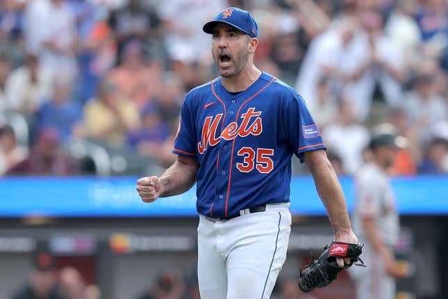 Jul 1, 2023; New York City, New York, USA; New York Mets starting pitcher Justin Verlander (35) reacts during the seventh inning against the San Francisco Giants at Citi Field.