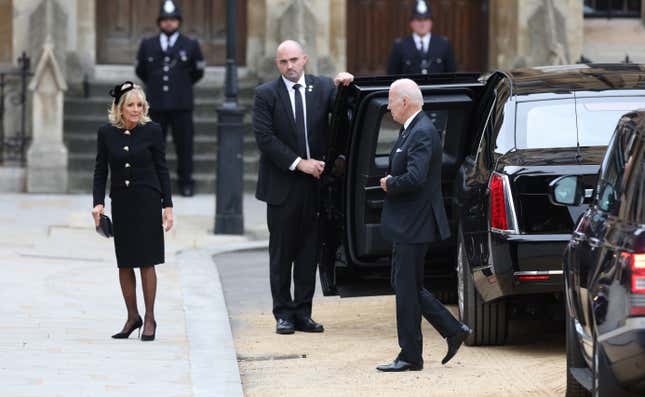 President of the United States, Joe Biden and his wife, Jill Biden arrive for the State Funeral of Queen Elizabeth II at Westminster Abbey on September 19, 2022 in London,