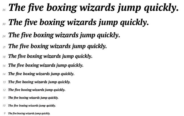 Font specimens for the Bold Italic variation of the PT Serif web font.