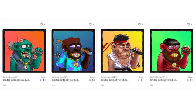 The Evolved Apes marketplace, showing four crummy drawings and their prices in Etherium.