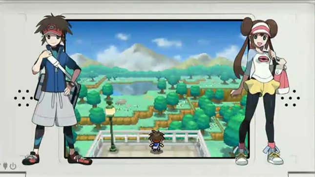 Two Pokémon trainers are shown in front of a mockup of a DS screen playing Pokémon Black 2 and White 2.