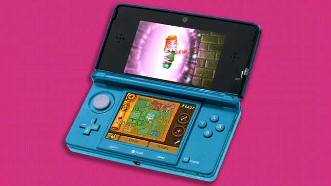 A 3DS displays Link Between Worlds in front of a magenta background. 