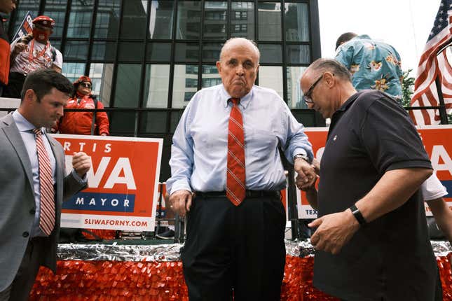 Former New York City Mayor Rudy Giuliani makes an appearance in support of fellow Republican Curtis Sliwa, who is running for NYC mayor on June 21, 2021, in New York City.
