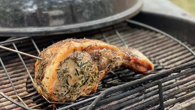 Berkshire Tomahawk Pork Roast on grill