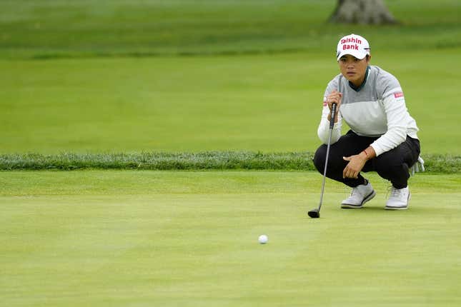 Sep 8, 2023; Madeira, OH, USA;  Peiyun Chien, from Pingtung, Chinese Taipei, sizes up a putt on the 9th green in the 2023 Kroger Queen City Championship presented by P&amp;amp;G at Kenwood Country Club in Madeira, Ohio, Friday, Sept. 8, 2023.