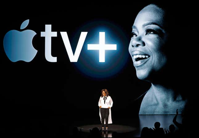 Oprah Winfrey speaks during an Apple special event at the Steve Jobs Theater in Cupertino