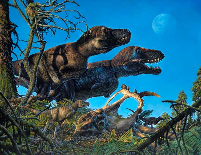 A paleoart depiction of the tyrannosaur Nanuqsaurus with its young.