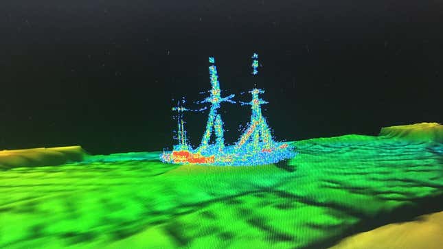 A sonar image of the Ironton sitting upright, with all three masts intact, on the bottom of Lake Huron. 