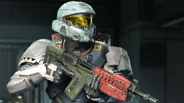 A Spartan holds a weapon in Halo Infinite multiplayer mode.