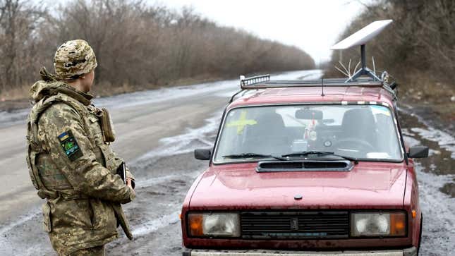 A Starlink antenna mounted on a car near a conflict zone in Ukraine.