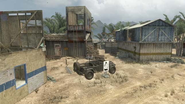Call of Duty's firing range map is shown, with an abandoned humvee at its center and hastily erected buildings surrounding it. 