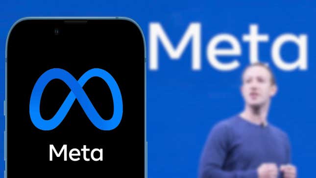 Stock image of Meta logo and Mark Zuckerberg