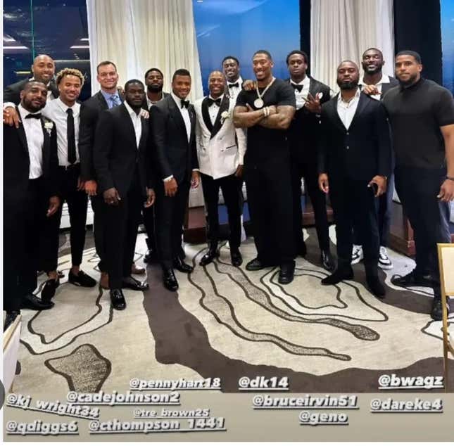 Image for article titled Russell Wilson attends Tyler Lockett’s wedding, proves charisma not totally gone