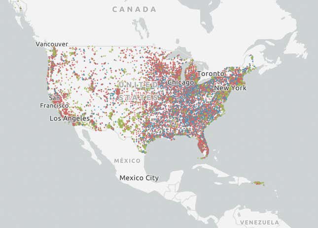 A map of presumptive PFAS contamination sites in the U.S.