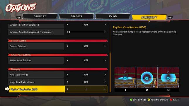 An image of Hi-Fi Rush's accessibility menu is shown with photos of 808 letting out an electric pulse on the right side.