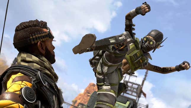 An image of Apex Legends participant Octane about to stomp Mirage's face out.