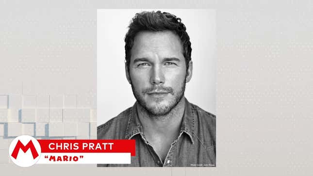 A headshot of Chris Pratt superimposed by text announcing he will be voicing Mario. 