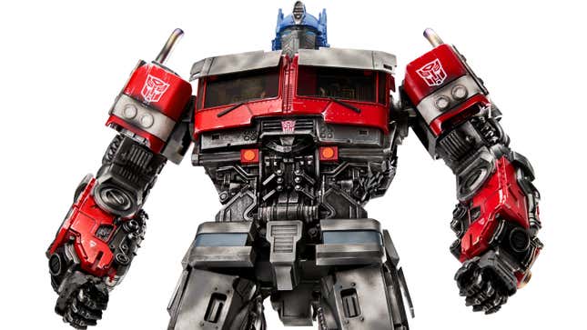 A low-angle closeup of Robosen's new Transformers: Rise of the Beasts Optimus Prime robot toy.