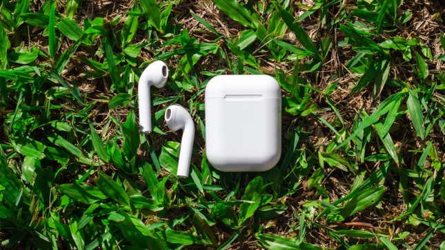 AirPods and a changing case in the grass