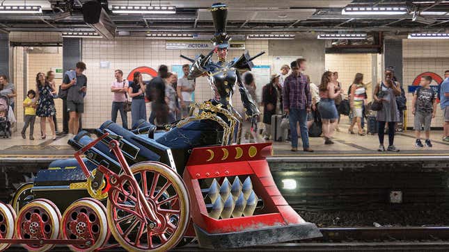 Bayonetta pulls into the Victoria Underground tube station platform.