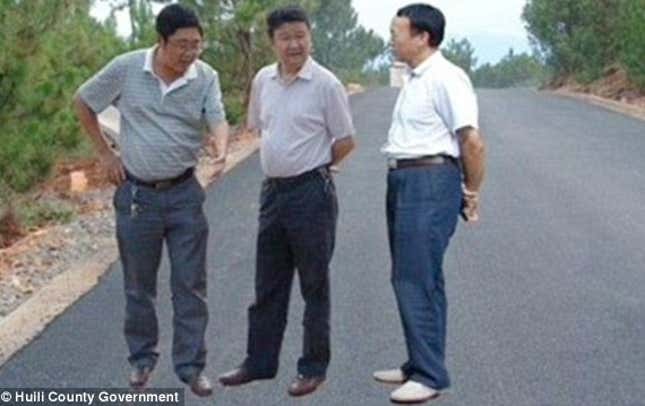 The image that started it all: three officials from Lihong, Sichuan, appear to be floating above the ground in this doctored image from June 26, 2011.