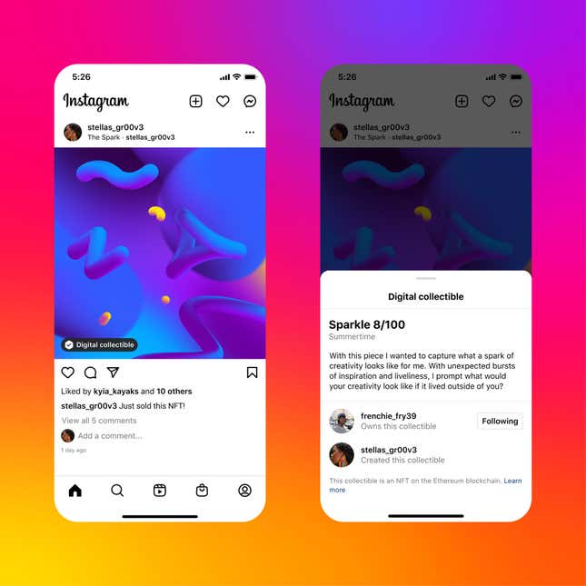 An example of what attribution will look like for NFTs on Instagram.