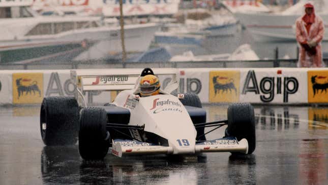 A photo of Ayrton Senna driving his Toleman F1 car at the Monaco Grand Prix. 