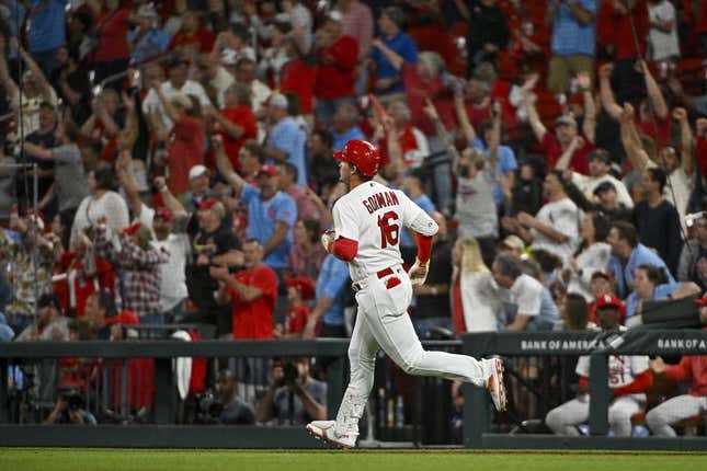 May 15, 2023; St. Louis, Missouri, USA;  St. Louis Cardinals designated hitter Nolan Gorman (16) hits a three run home run against the Milwaukee Brewers during the eighth inning at Busch Stadium.