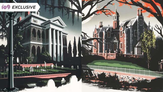Illustrations of Disney's two Haunted Mansions.