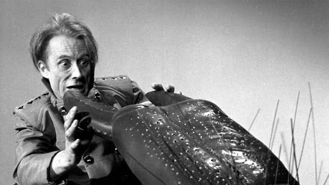 The Controller (Graham Leaman) faces his demise at the hands...err, claws of an off-screen Macra in the original serial.
