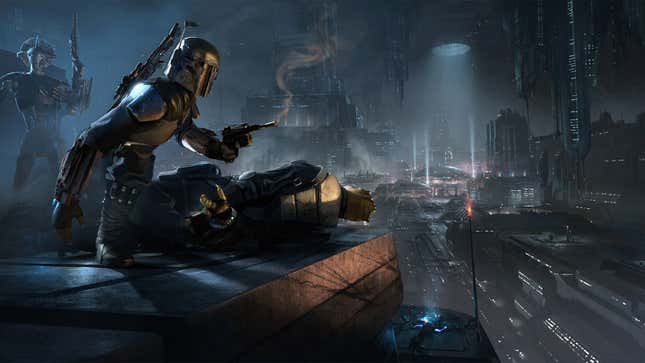 Boba Fett holds a smoking gun while kneeling next to a corpse and overlooking the Coruscant underworld.