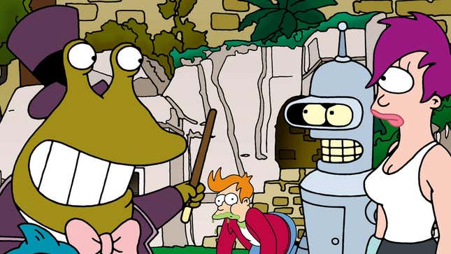 A image shows Fry and the crew meeting the lead worm. 