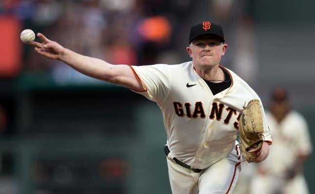 Apr 10, 2023; San Francisco, California, USA; San Francisco Giants starting pitcher Logan Webb (62) delivers a pitch against the Los Angeles Dodgers during the first inning at Oracle Park.