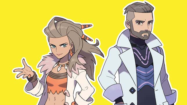 Professors Sada and Turo stand against a yellow background in Pokémon Scarlet and Violet.
