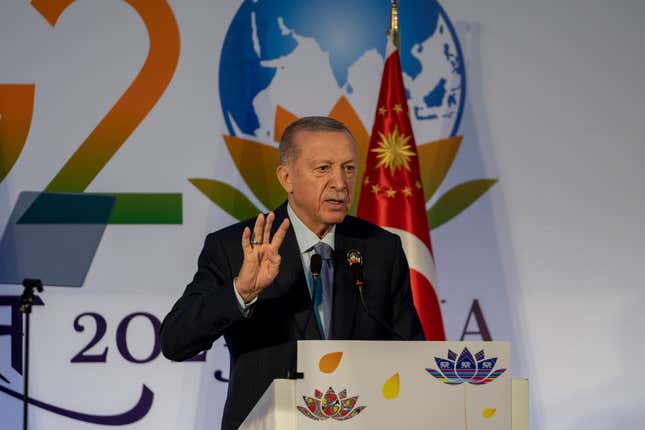 Turkey President Recep Tayyip Erdogan gestures as he speaks during a press conference at the end of the G20 Summit, in New Delhi, India, Sunday, Sept.10, 2023. (AP Photo/Dar Yasin)