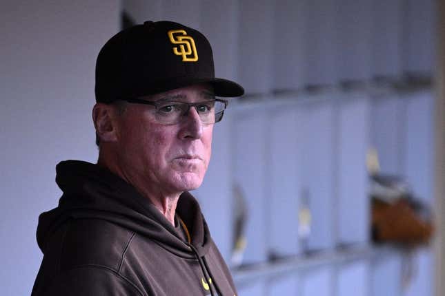 Apr 3, 2023; San Diego, California, USA; San Diego Padres manager Bob Melvin looks on from the dugout before the game against the Arizona Diamondbacks at Petco Park.