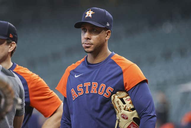 Oct 1, 2022; Houston, Texas, USA; Houston Astros outfielder Michael Brantley watches during batting practice before the game against the Tampa Bay Rays at Minute Maid Park.