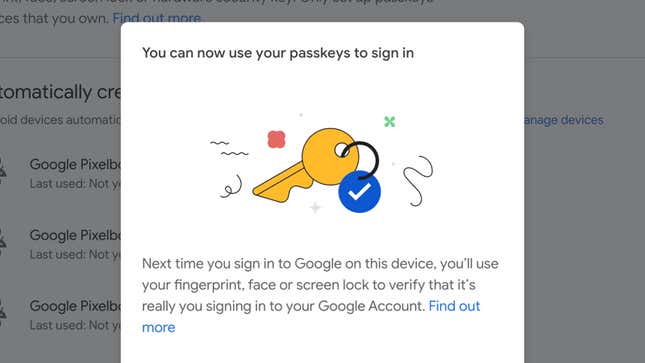 A screenshot of setting up a passkey on a Google account