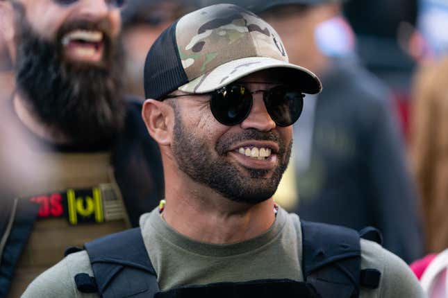 ATLANTA, GA - NOVEMBER 18: Enrique Tarrio, leader of the Proud Boys, a far-right group, is seen at a “Stop the Steal” rally against the results of the U.S. Presidential election outside the Georgia State Capitol on November 18, 2020 in Atlanta, Georgia. (Photo by Elijah Nouvelage/Getty Images)