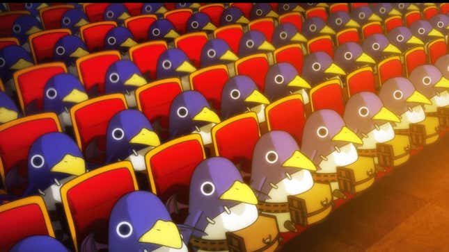 A bunch of penguins are sitting in what appears to be theater chairs.