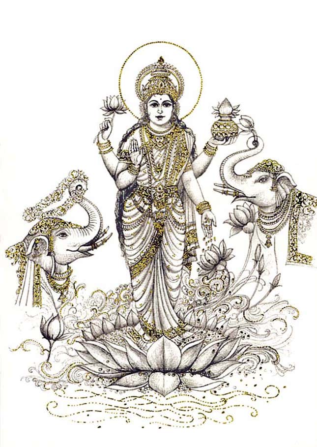 Lakshmi, the goddess of prosperity; modern calendar art.